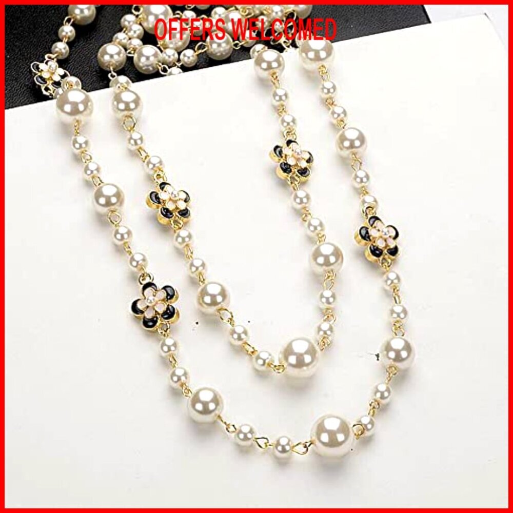 Long Layered Imitation Pearl Necklace with Clover Flower Charm, Adjustable - Picture 6 of 6